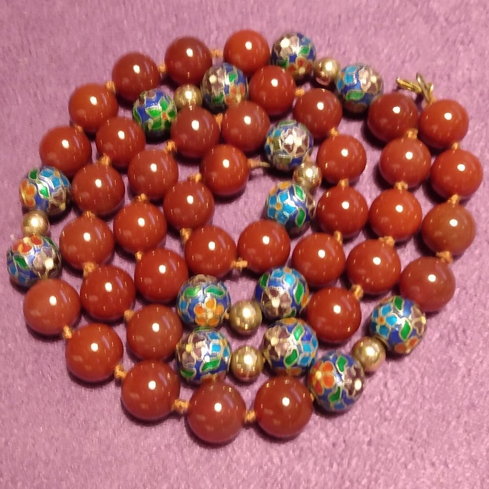 Carnelian & Cloisonné Bead Necklace